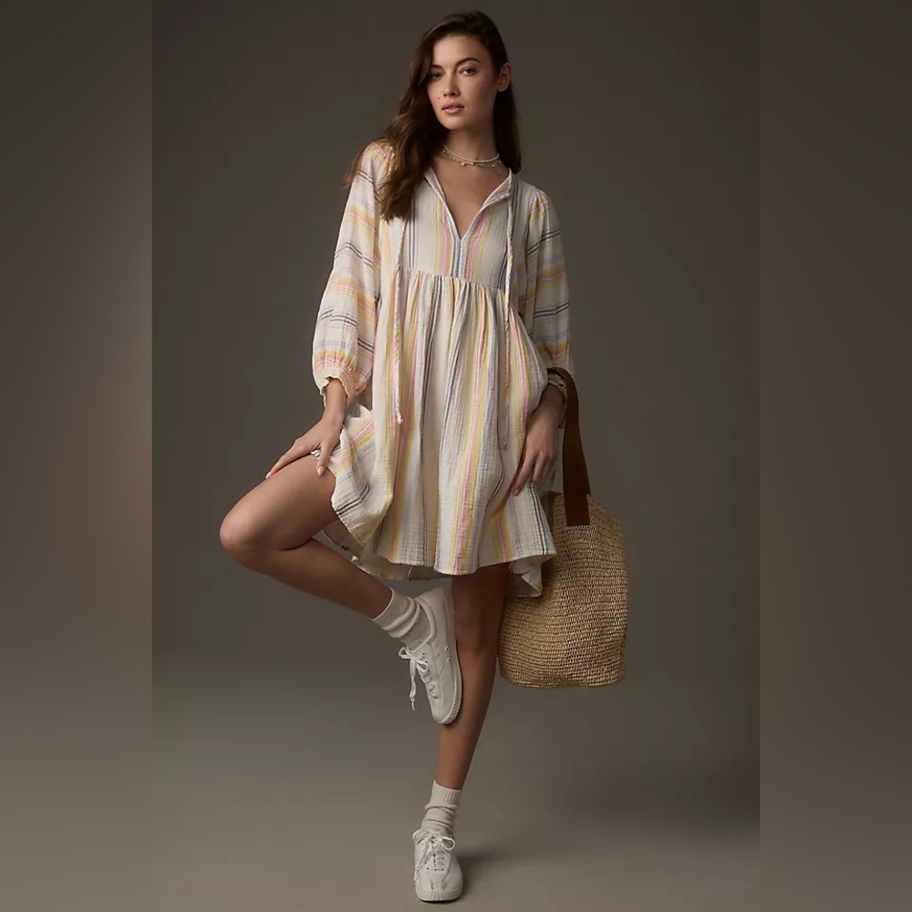 Anthropologie Sundry Stripe Babydoll Dress Cotton Boho Tunic Mini Size L